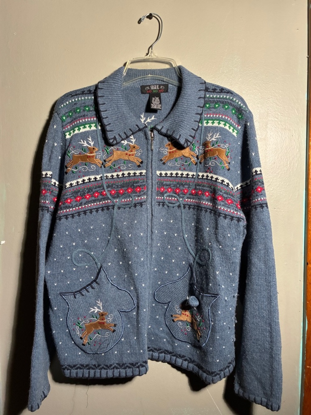 Men's Blue Zip-Up Sweater Jacket with Reindeer Embroidery